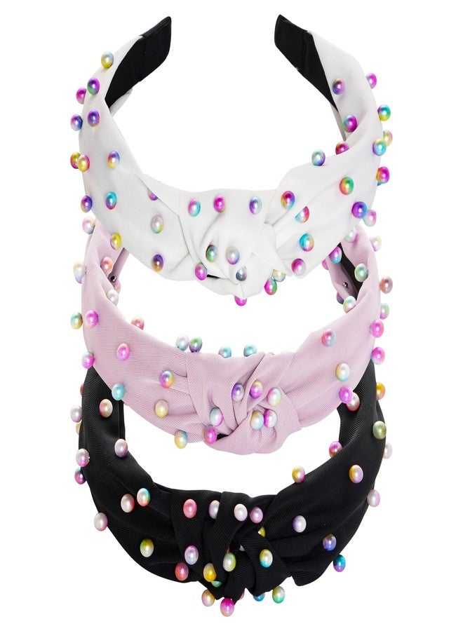 Sucrain 3 Pcs Pearl Knotted Headbands for Women Girls Colorful Jeweled Embellished Gem Faux Pearl Cross Knot Twisted Hairband Turban Headband Hair Accessories(Black,White,Pink) - Image 1